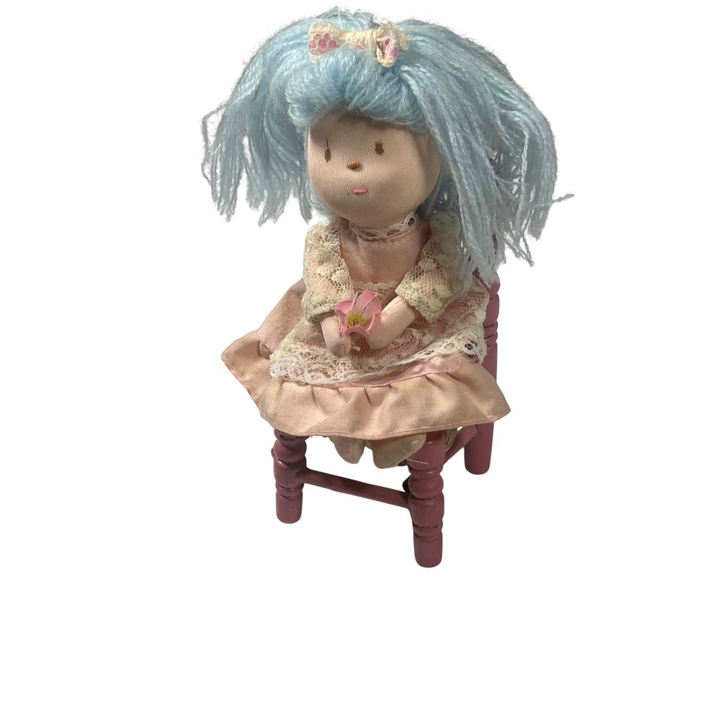Vintage Handmade Doll with Pink Chair Blue Yarn Hair Lace Dress Cute Collectible
